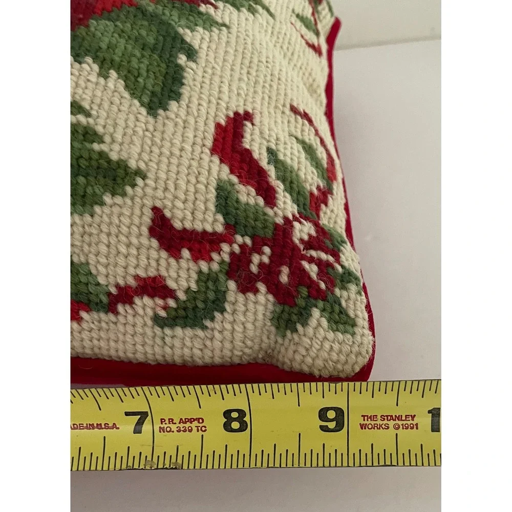 Vintage Christmas Poinsettia Needlepoint Wool Throw Pillow Green Velvet Back 9x9